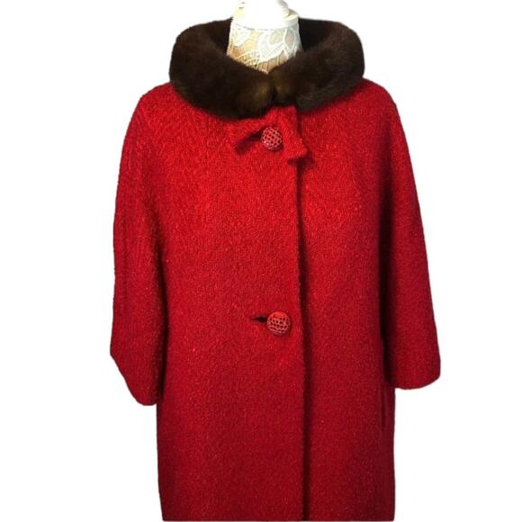 1950 American Vintage Stroock Vintage Red Boucle wool fur collar coat medium - Picture 1 of 13